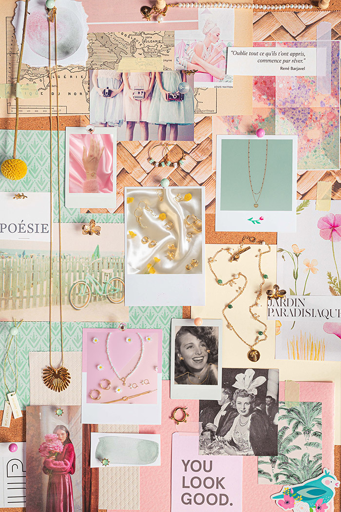 Moodboard artistique aux couleurs douces et pastels avec les bijoux de la marque Shlomit Ofir pour la communication digitale de son distributeur officiel en France « Un Oiseau sur la Branche ».
