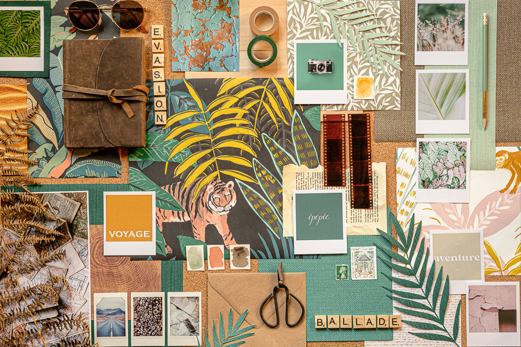 Moodboard sur le thème de l'évasion et d'inspiration jungle pour la marque de papier peint Caselio.
