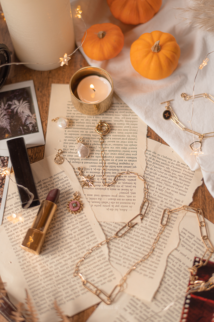 Création de visuels : photographie de bijoux de la marque Louis Pion avec une mise en scène d'inspiration automnale.