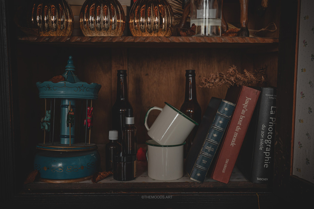 Photographie des détails du cabinet de curiosité sur le thème de l'automne et d'halloween